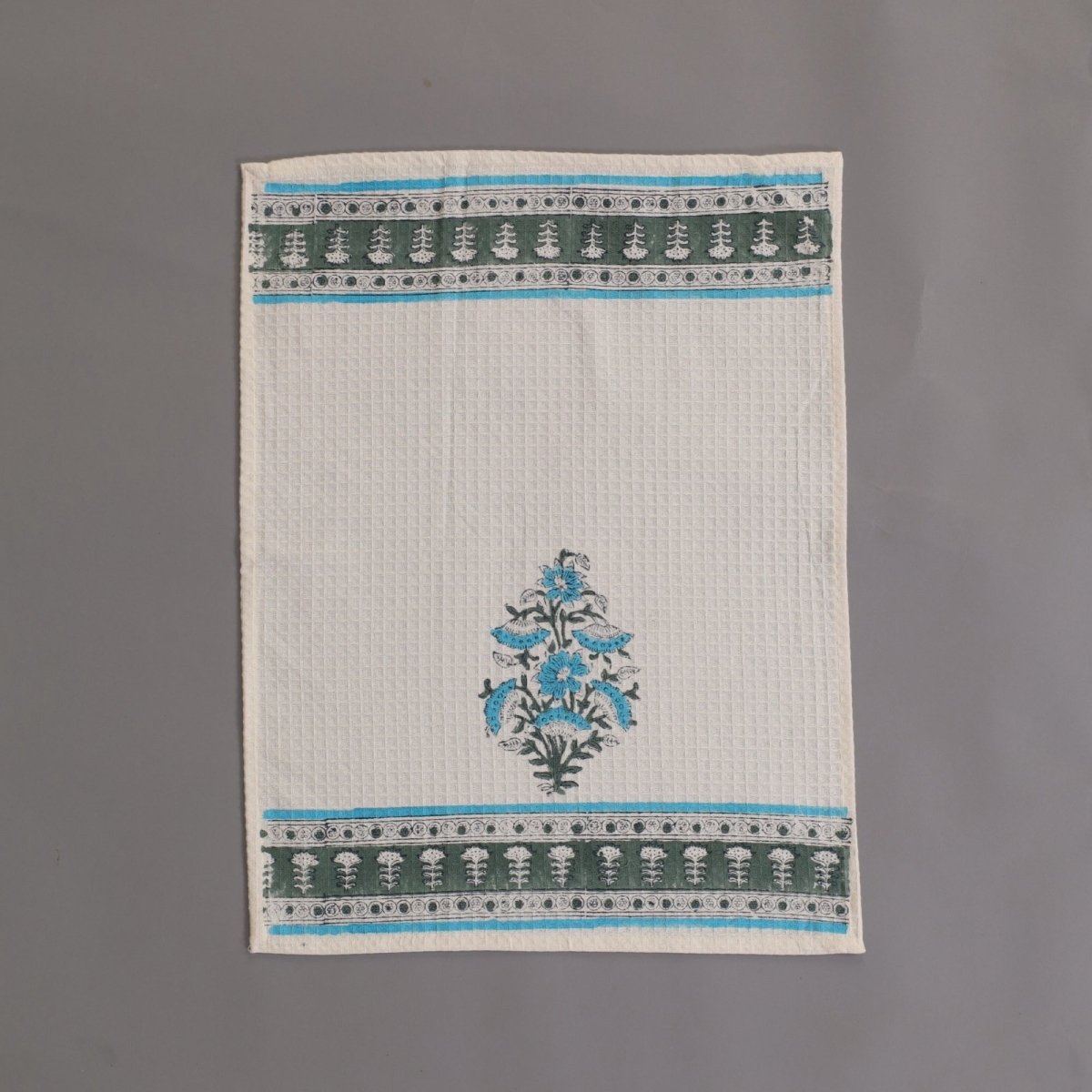 Pure Cotton Hand Towel Handprinted Floral Pattern In Off White, Blue & Teal