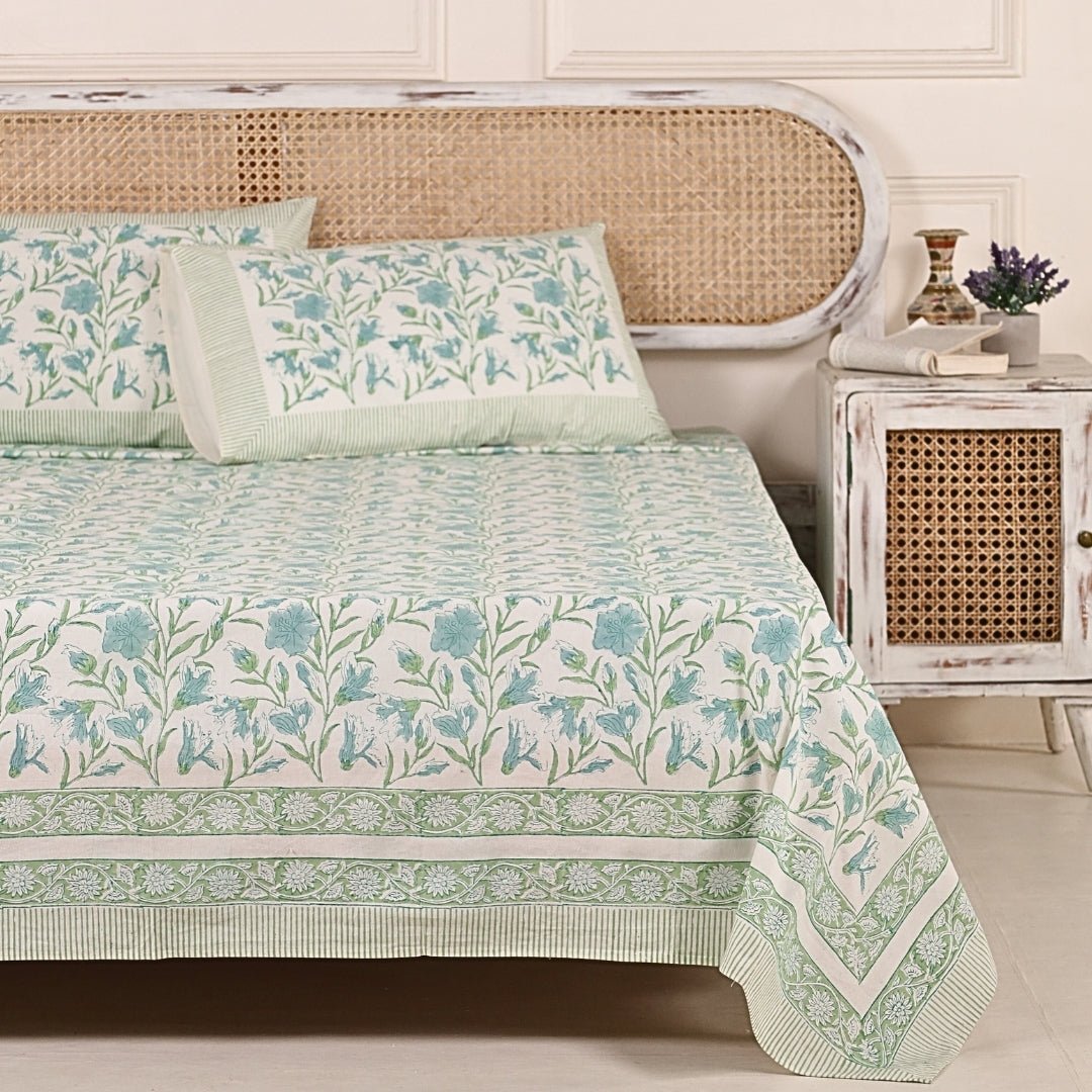 Cotton Bed sheet with 2 Pillow Covers Hand printed in Light Green and White