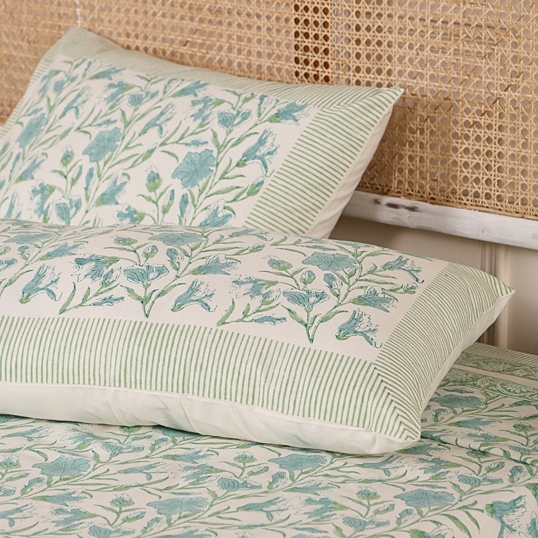 Cotton Bed sheet with 2 Pillow Covers Hand printed in Light Green and White