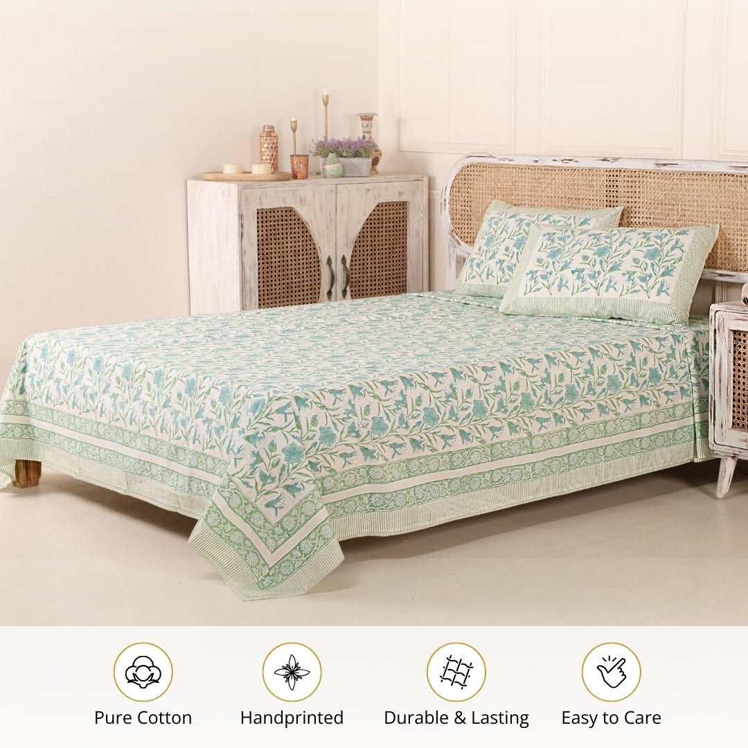Cotton Bed sheet with 2 Pillow Covers Hand printed in Light Green and White