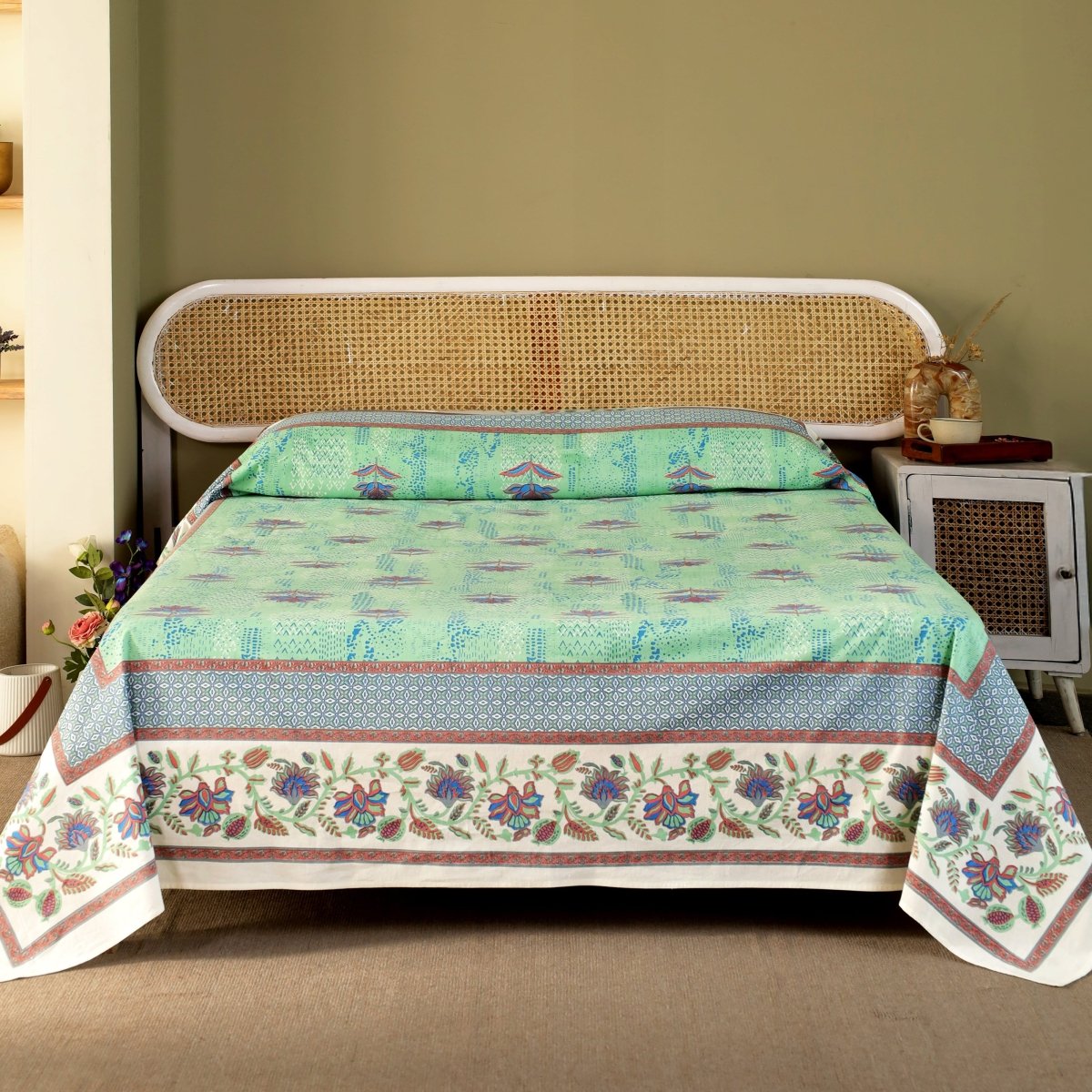 Queen Size Bed Cover of Pure Cotton Aqua Green Navy and Peach