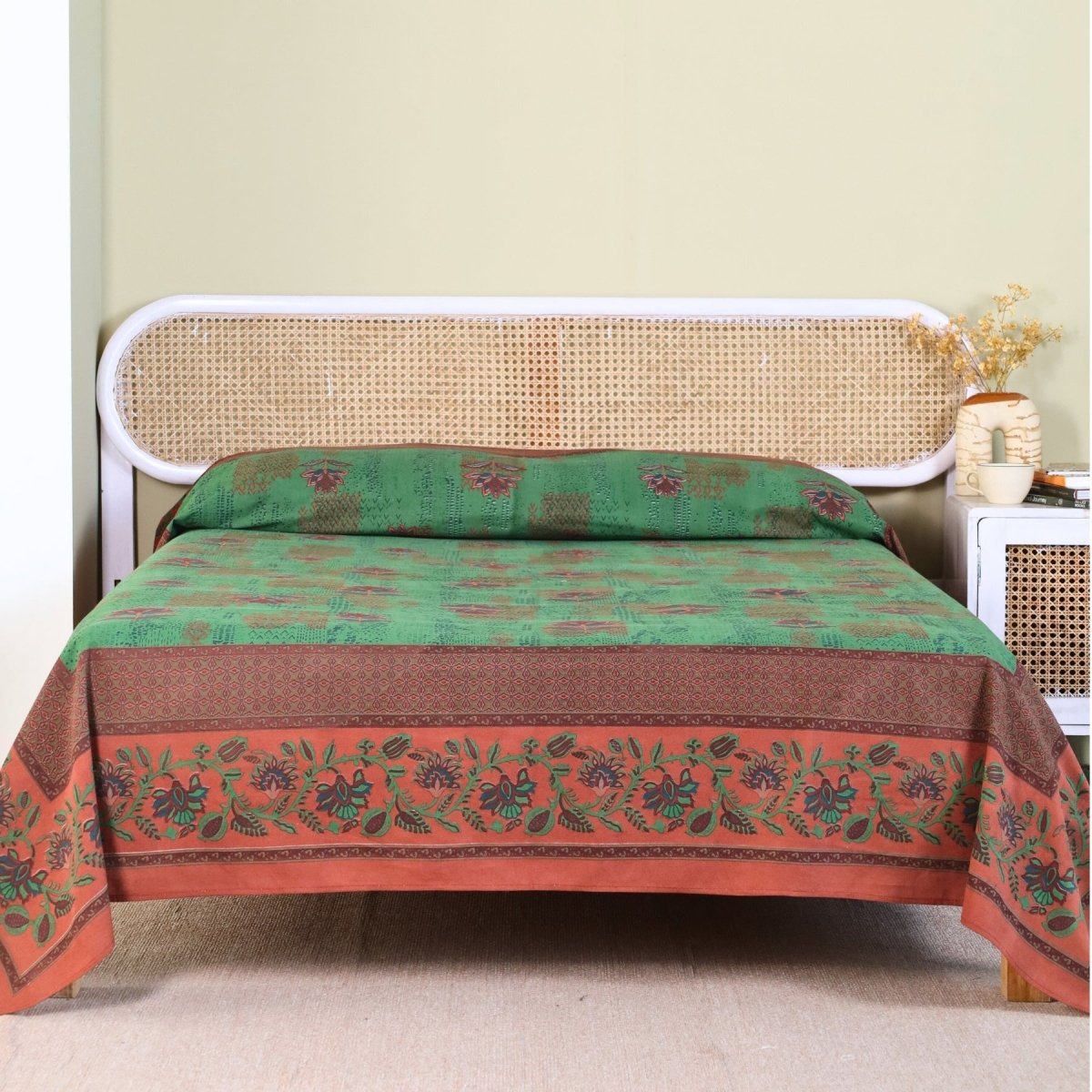Cotton Bed Cover Hand printed in Green and Brick Red | Queen Size
