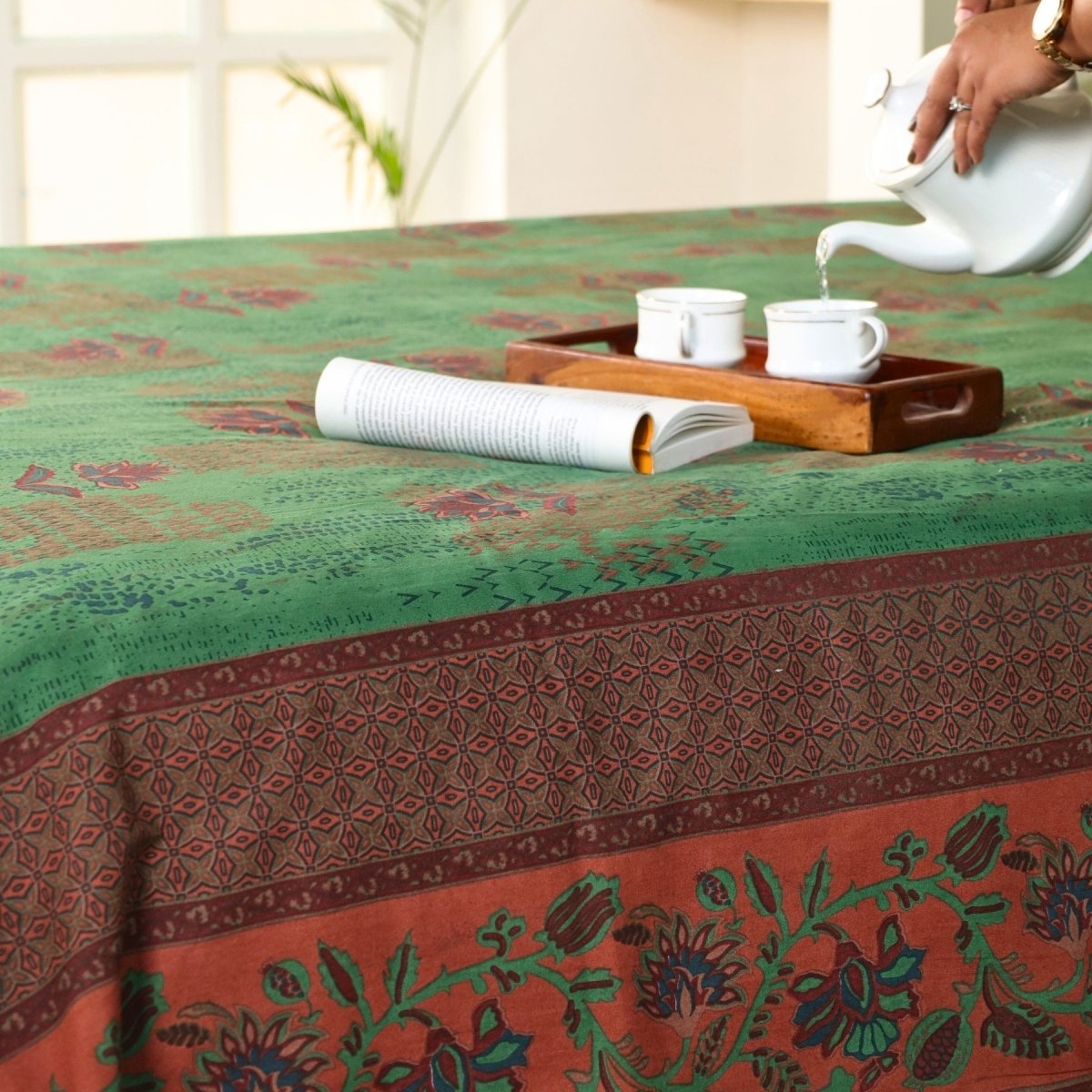 Green and Brick Red Pure Cotton Queen Bedcover | Handprinted