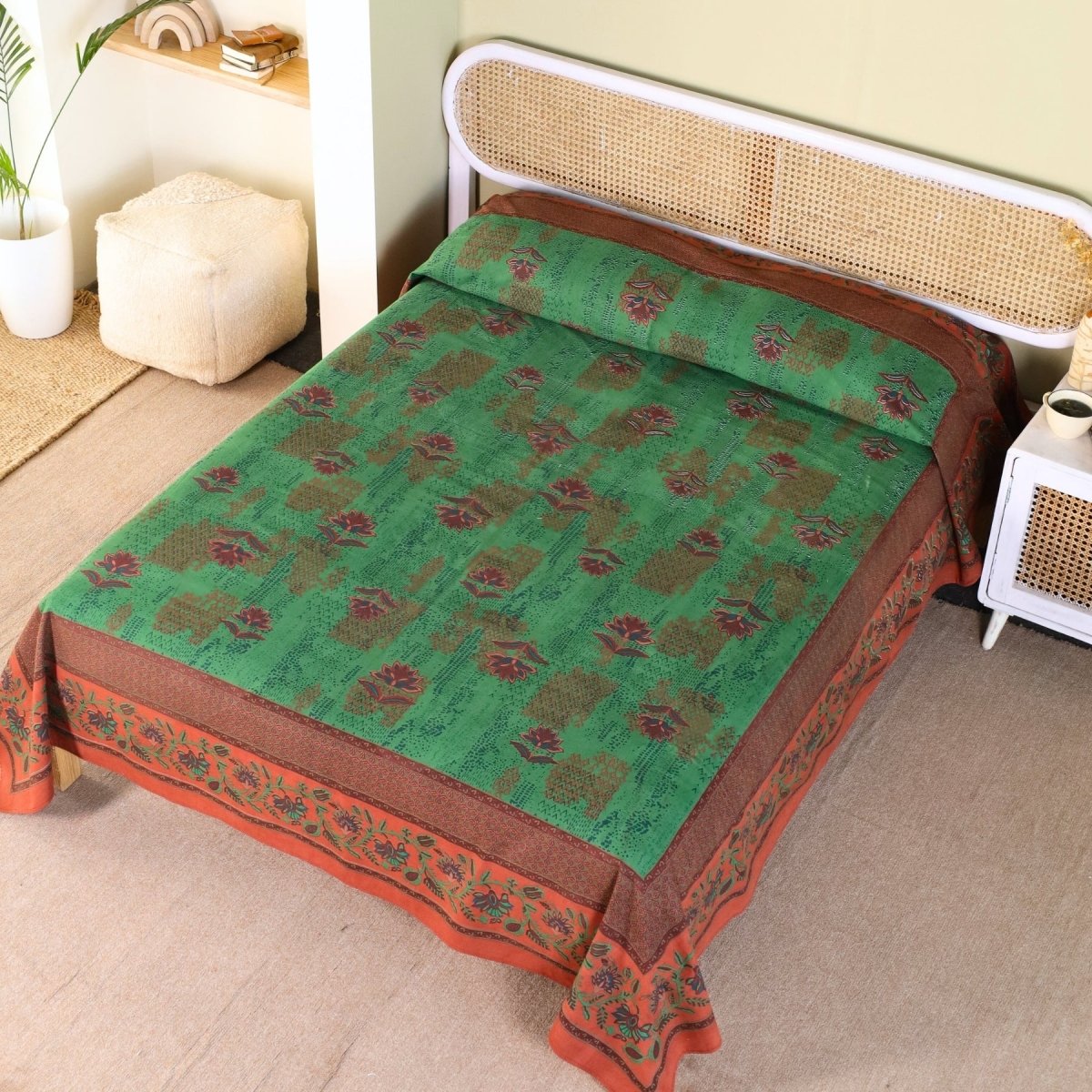 Cotton Bed Cover Hand printed in Green and Brick Red | Queen Size