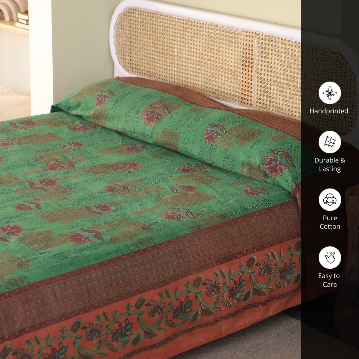 Green and Brick Red Pure Cotton Queen Bedcover | Handprinted
