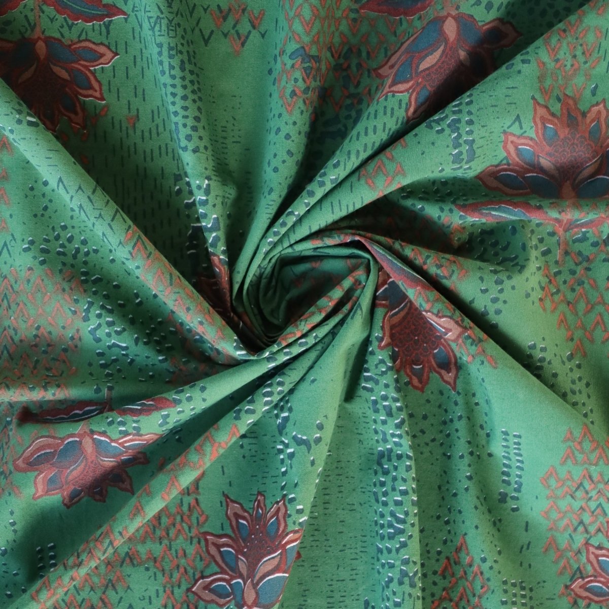 Green and Brick Red Pure Cotton Queen Bedcover | Handprinted