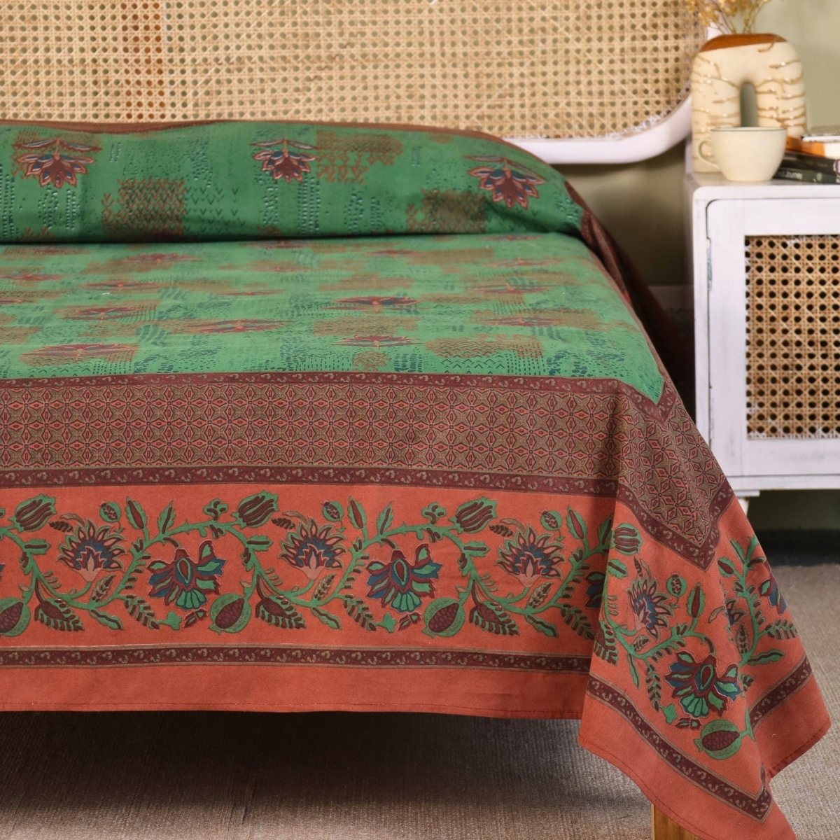 Green and Brick Red Pure Cotton Queen Bedcover | Handprinted