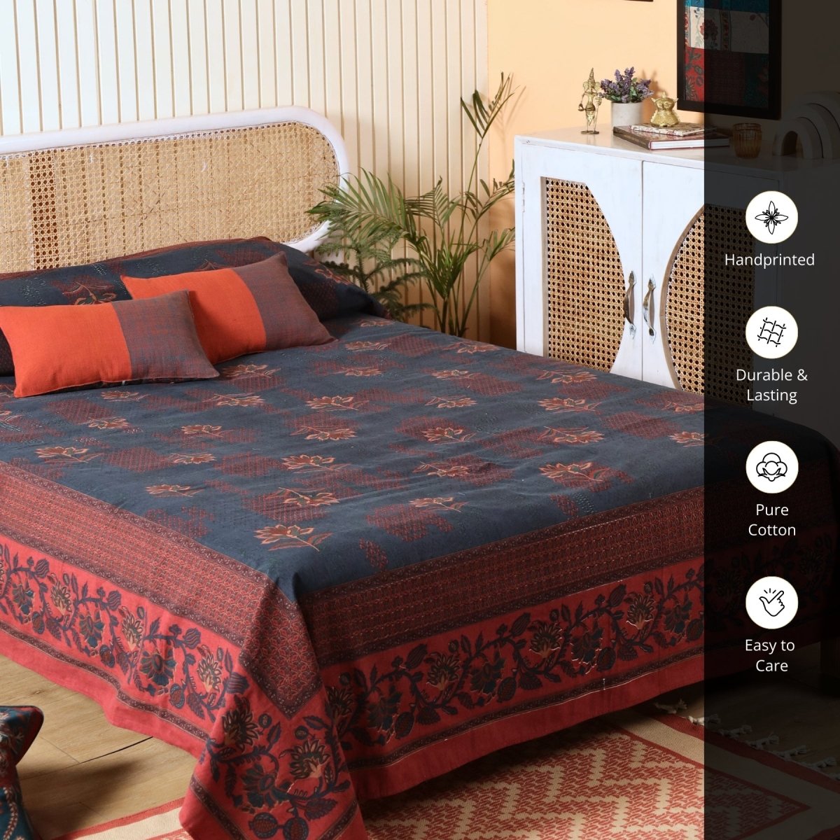 Navy Blue and Brick Red Pure Cotton Queen Bedcover | Handprinted