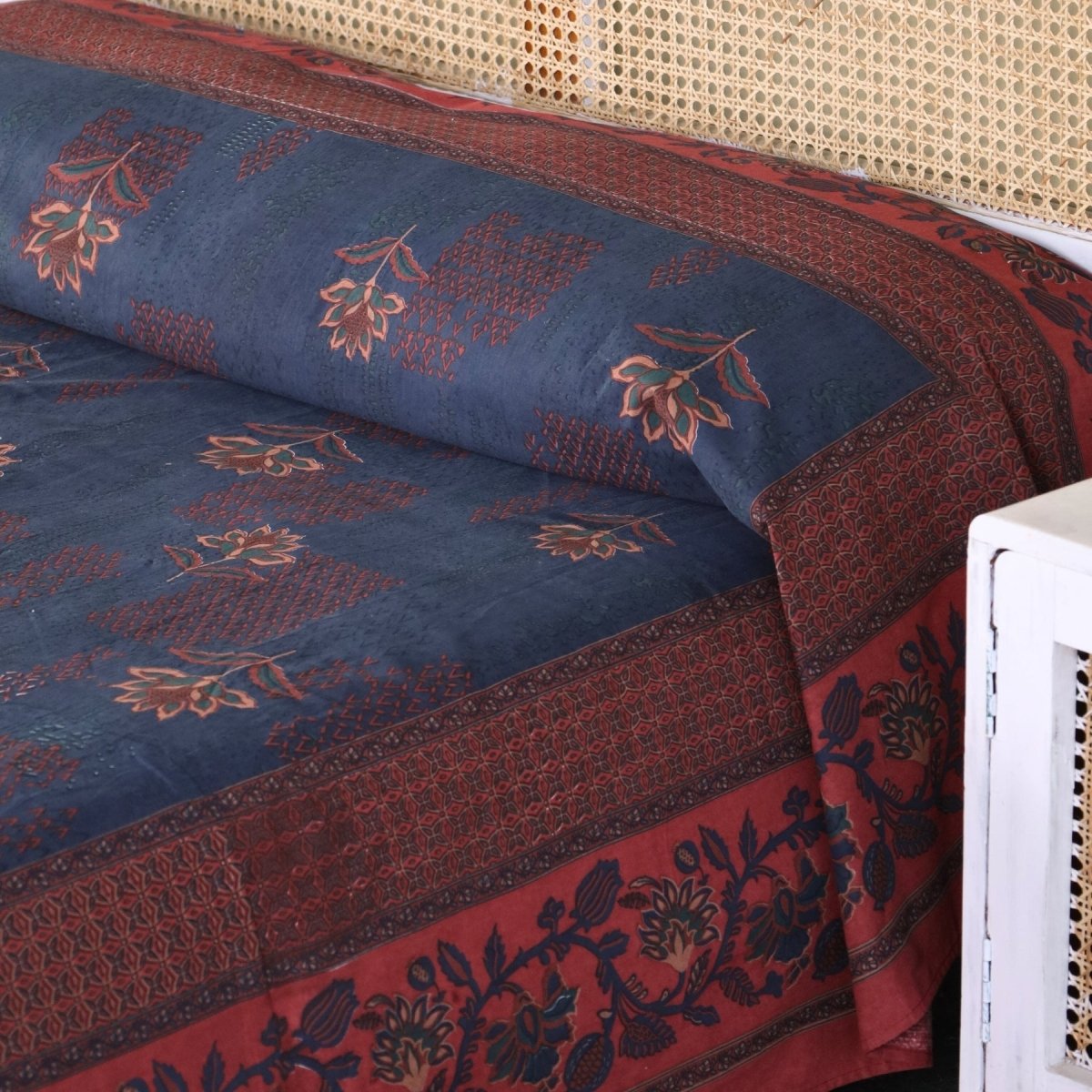 Navy Blue and Brick Red Pure Cotton Queen Bedcover | Handprinted