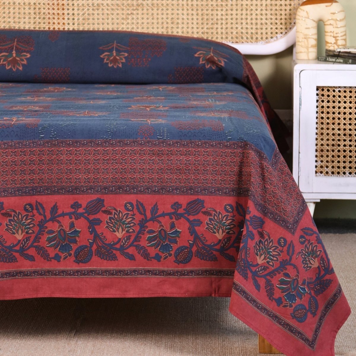 Navy Blue and Brick Red Pure Cotton Queen Bedcover | Handprinted