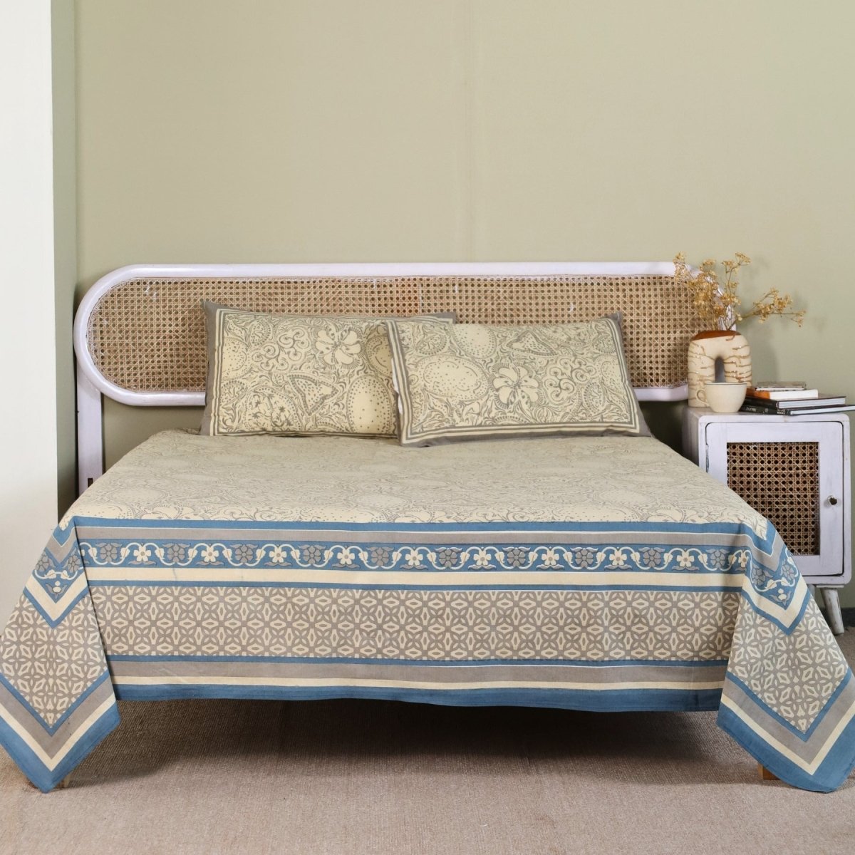 Beige and Navy Blue Pure Cotton Bedsheet | Queen Size | Handprinted