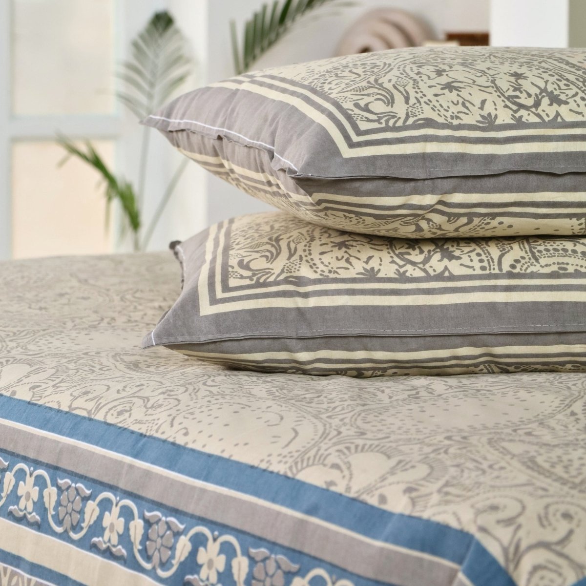 Beige and Navy Blue Pure Cotton Bedsheet | Queen Size | Handprinted