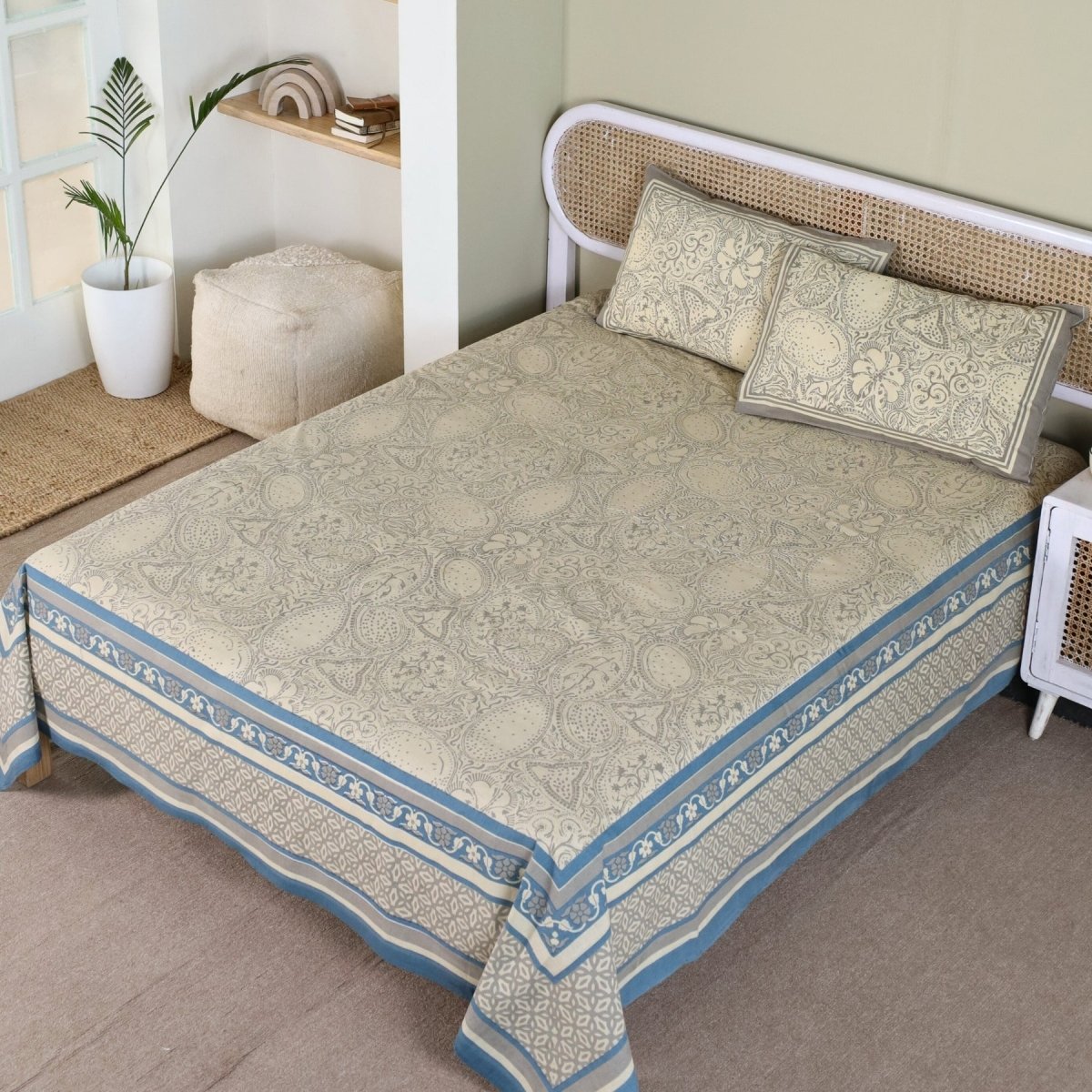Beige and Navy Blue Pure Cotton Bedsheet | Queen Size | Handprinted