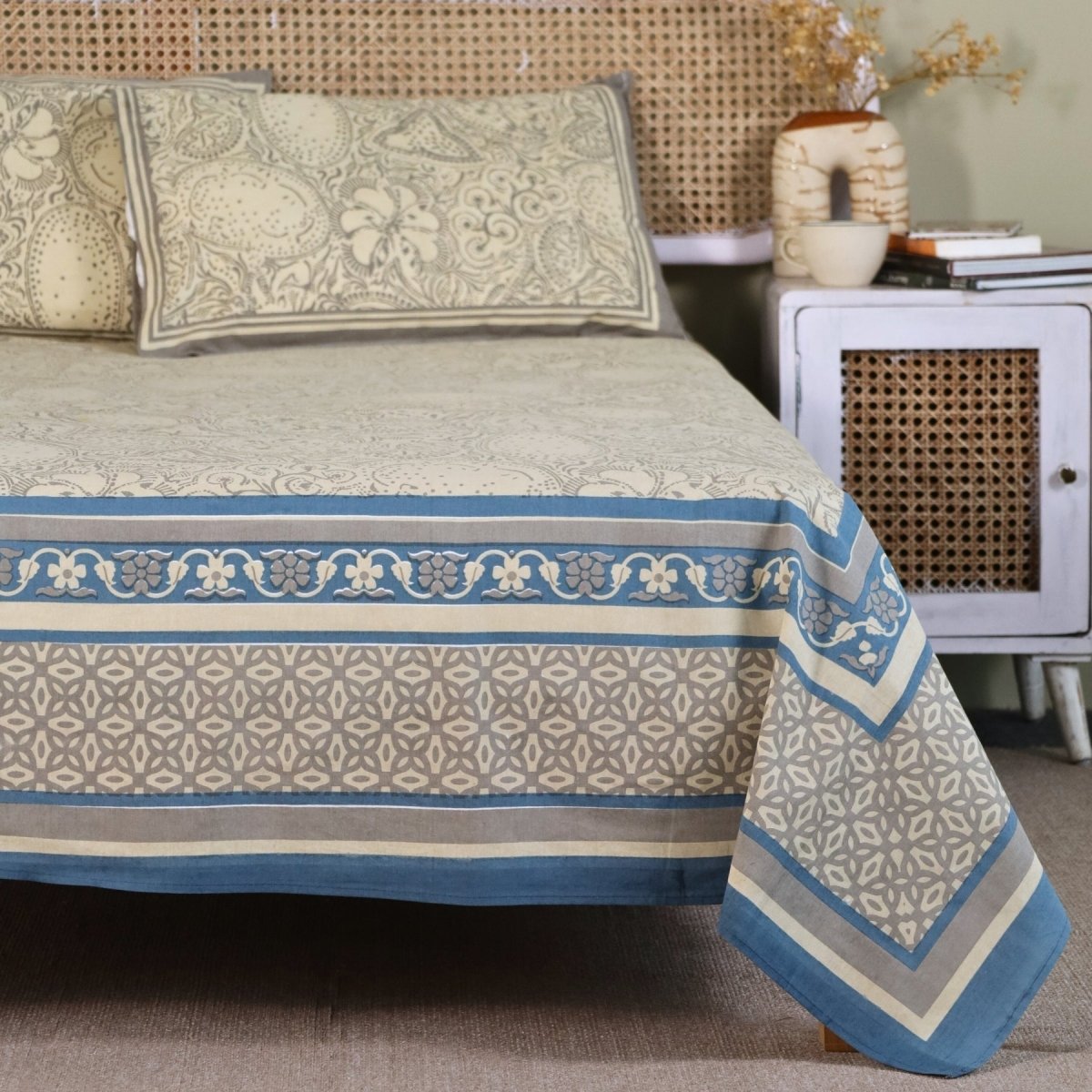 Beige and Navy Blue Pure Cotton Bedsheet | Queen Size | Handprinted