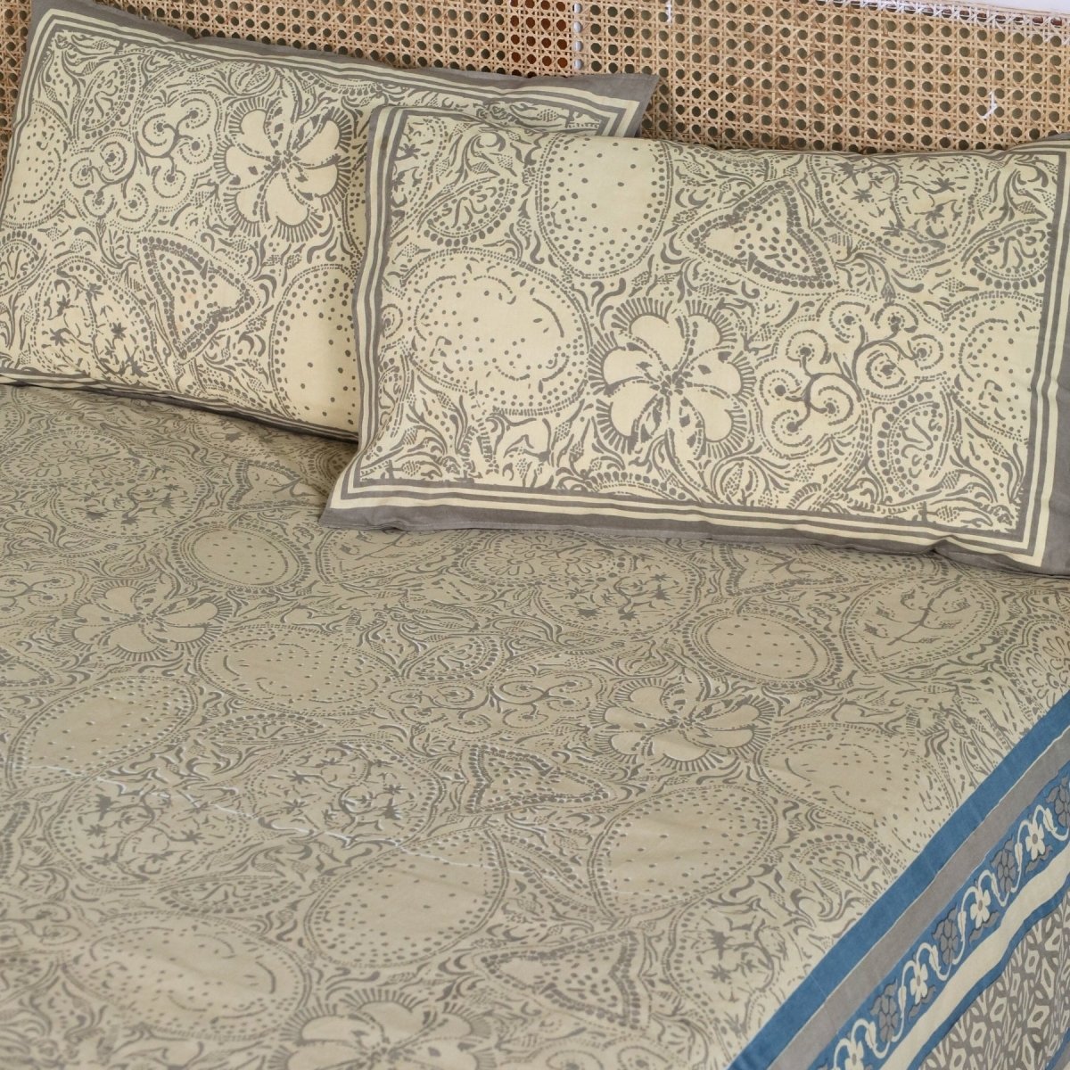 Beige and Navy Blue Pure Cotton Bedsheet | Queen Size | Handprinted