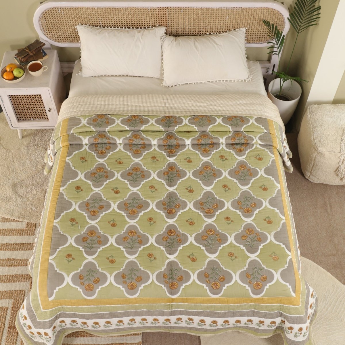 AC Comforter in 100% Cotton Mulmul Handprinted in Sage Green| Lightweight Soft and Breathable AC Blanket