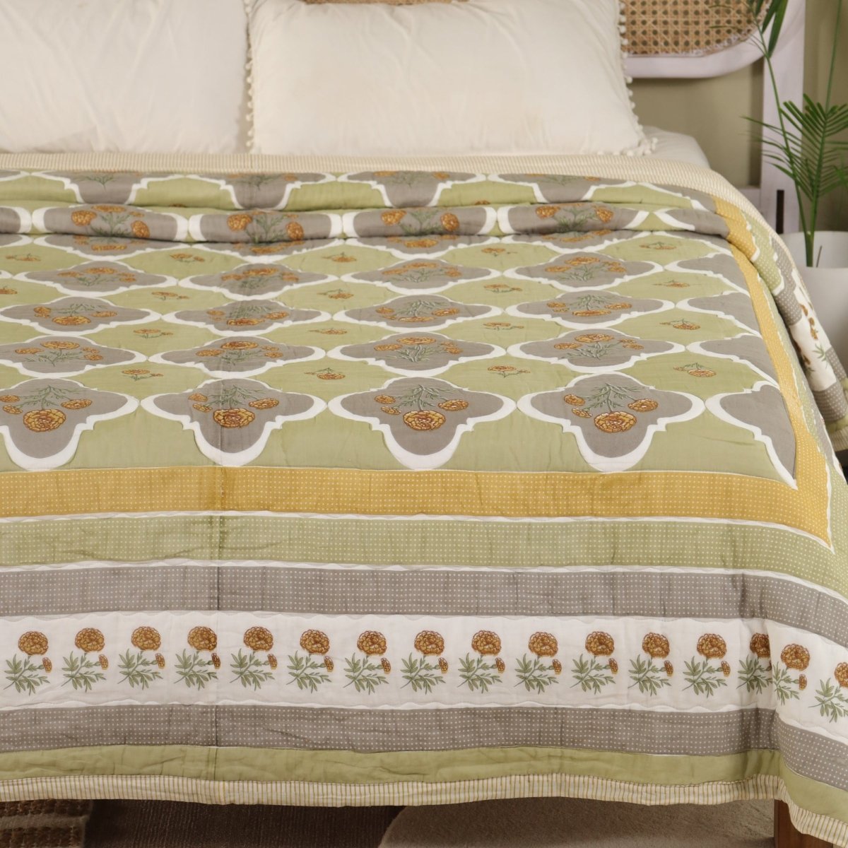 AC Comforter in 100% Cotton Mulmul Handprinted in Sage Green| Lightweight Soft and Breathable AC Blanket