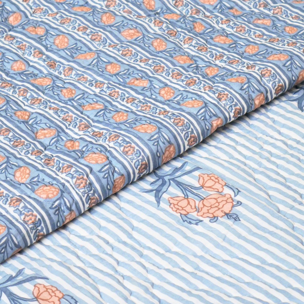 Pure Cotton Quilt in Blue and Dusty Pink | Single and Double | Peepul Tree