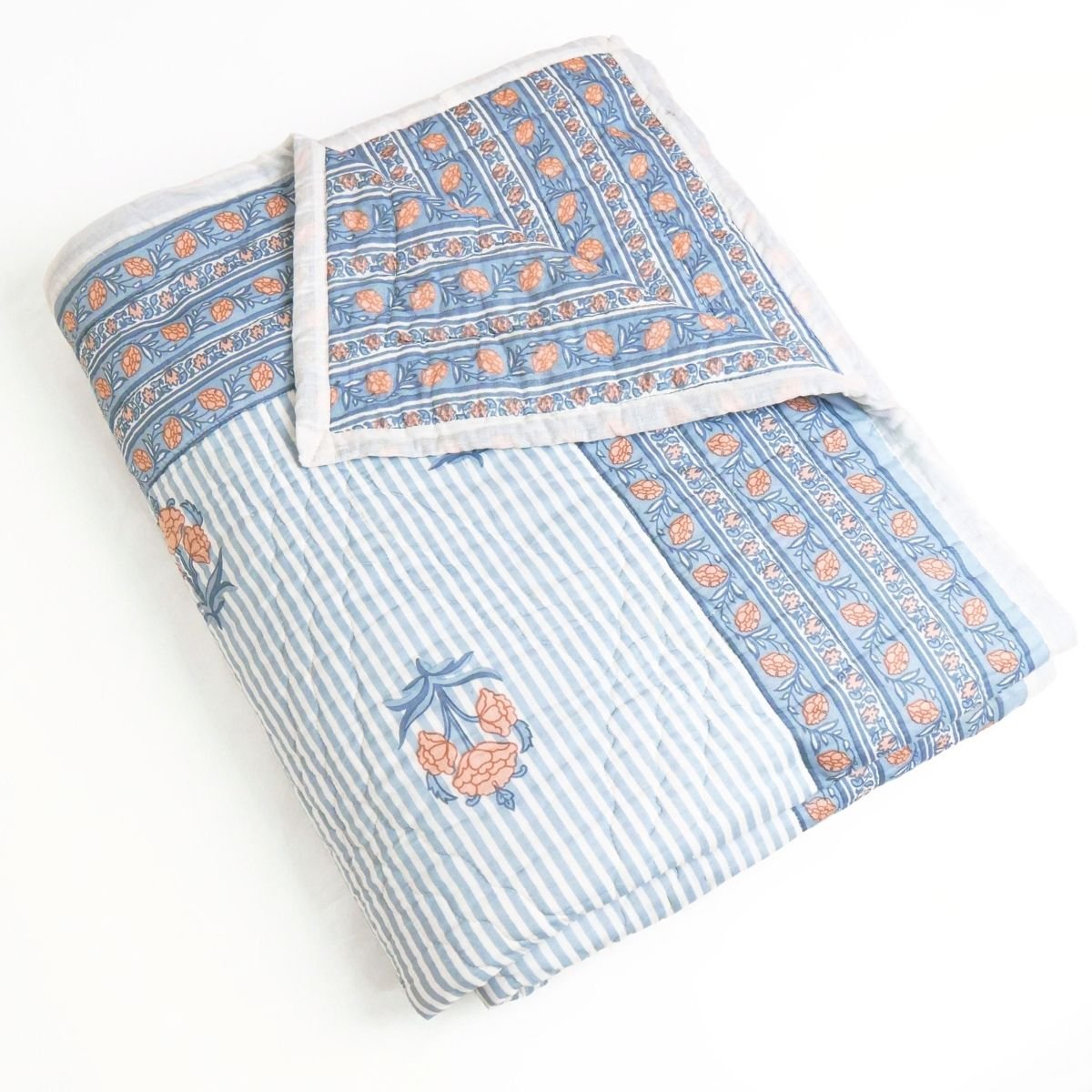 Pure Cotton Quilt in Blue and Dusty Pink | Single and Double | Peepul Tree