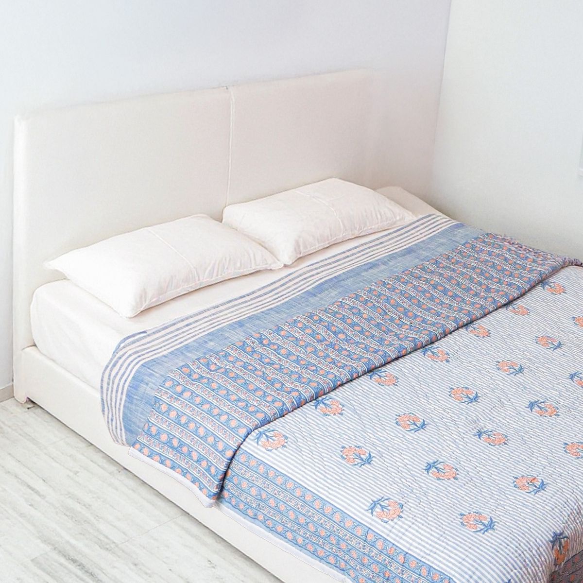 AC Comforter in 100% Cotton Mulmul Handprinted in Dusty Pink and Blue| Lightweight Soft and Breathable AC Blanket in Reversible design
