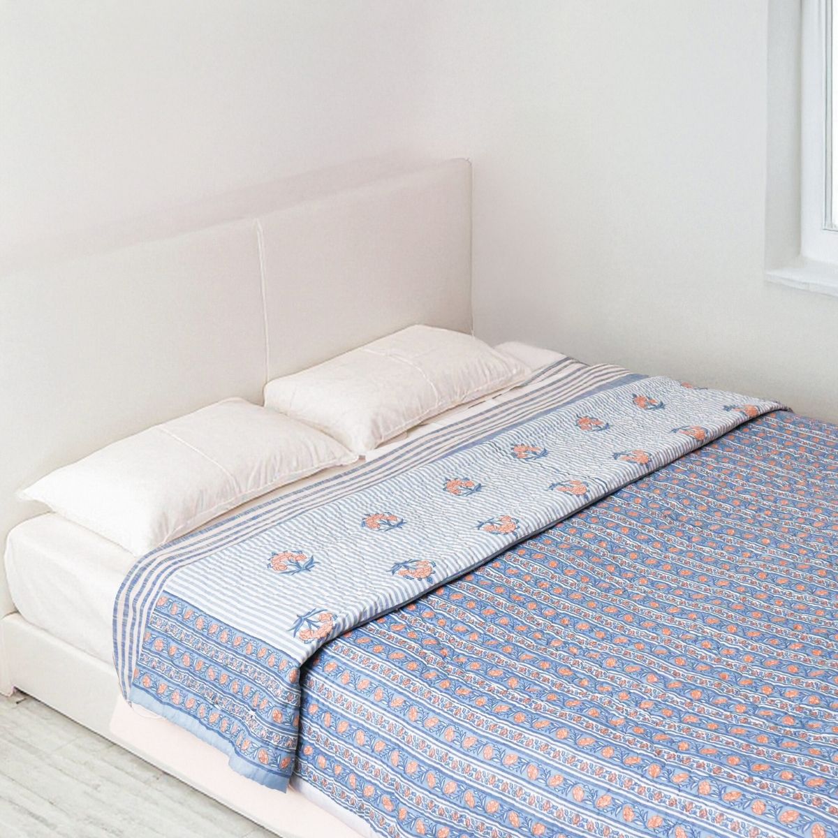 Pure Cotton Quilt in Blue and Dusty Pink | Single and Double | Peepul Tree