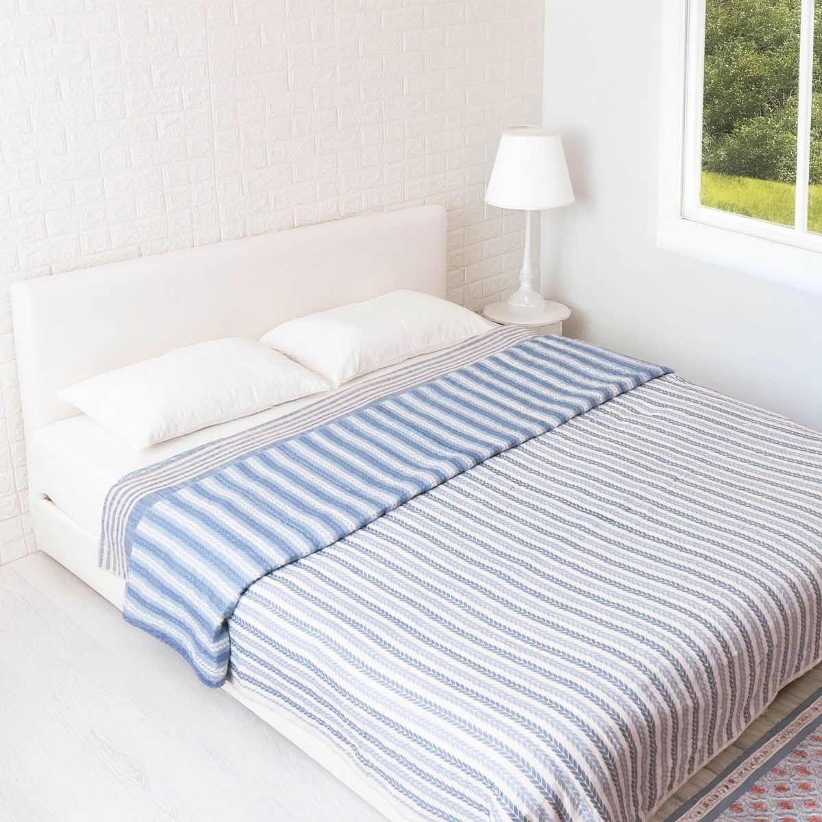 AC Comforter in 100% Cotton Mulmul Handprinted in Blue Leafy Stripes| Lightweight Soft and Breathable AC Blanket in Reversible design