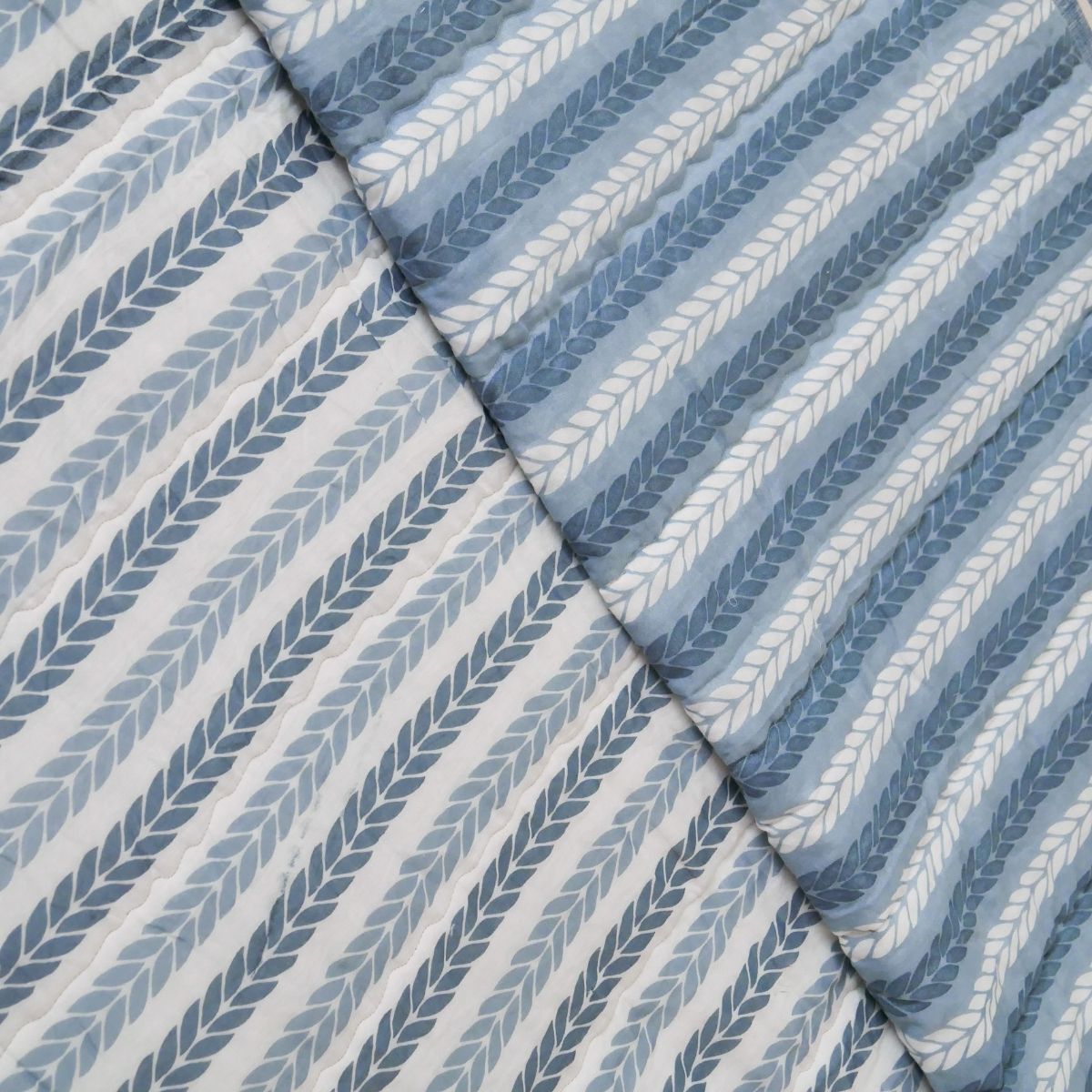 AC Comforter in 100% Cotton Mulmul Handprinted in Blue Leafy Stripes| Lightweight Soft and Breathable AC Blanket in Reversible design