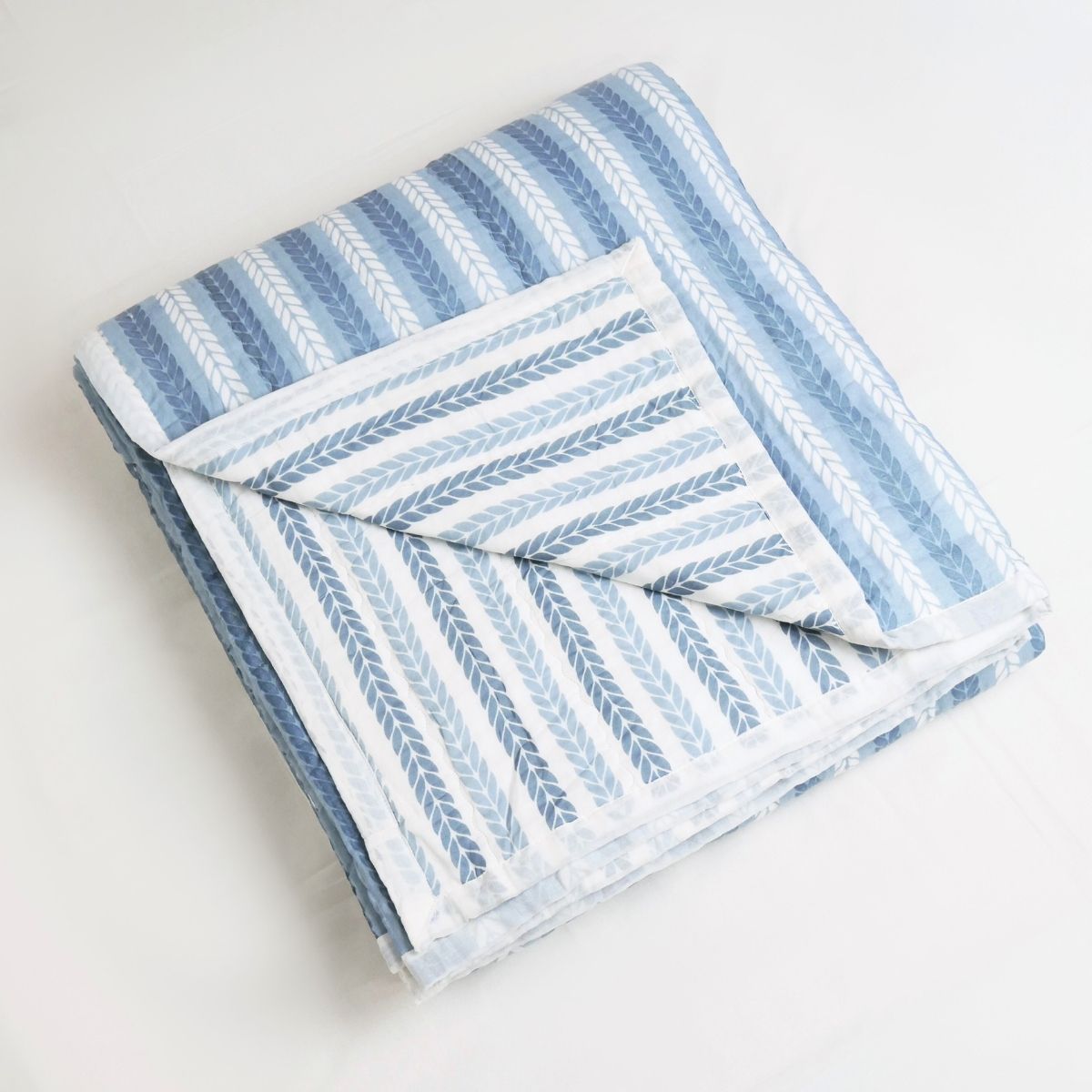 AC Comforter in 100% Cotton Mulmul Handprinted in Blue Leafy Stripes| Lightweight Soft and Breathable AC Blanket in Reversible design