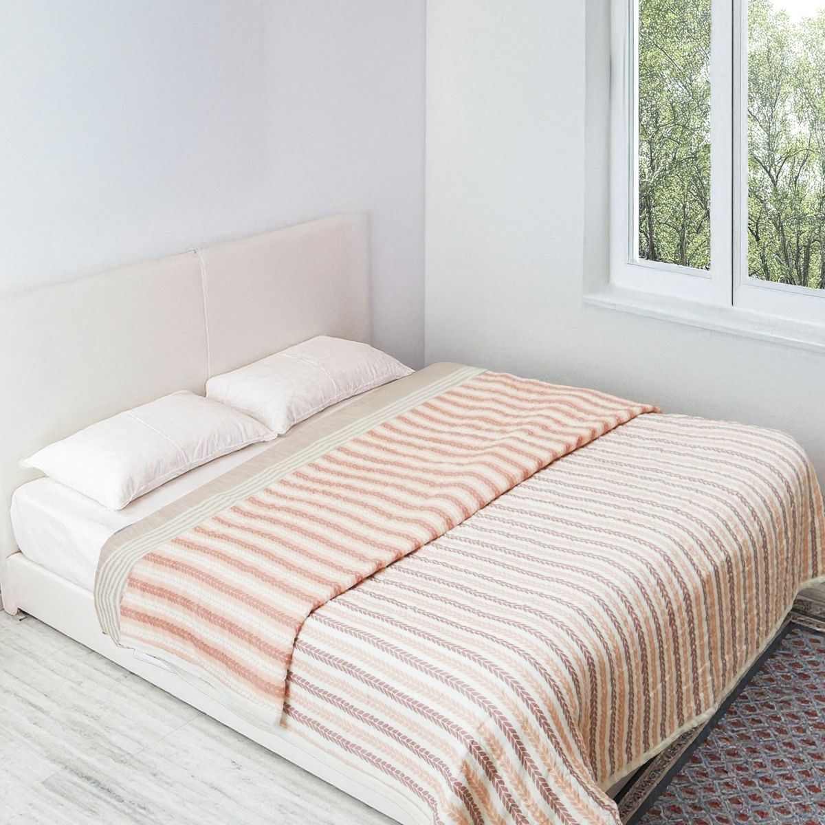 AC Comforter in 100% Cotton Mulmul Handprinted in Dusty Pink and Off White| Lightweight Soft and Breathable AC Blanket in Reversible design