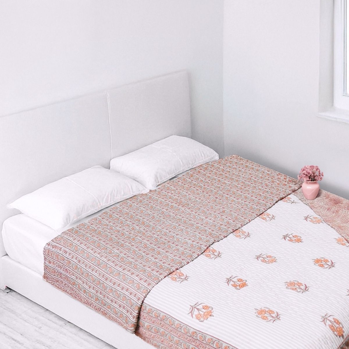 AC Comforter in 100% Cotton Mulmul Handprinted in Dusty Pink with Floral and Geometric design| Lightweight Soft and Breathable AC Blanket in Reversible design