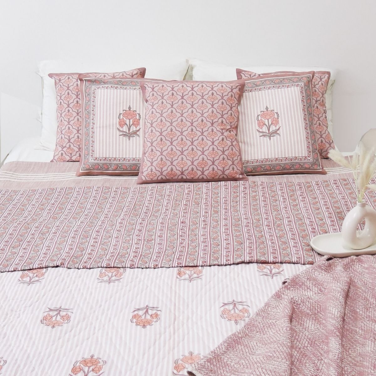 AC Comforter in 100% Cotton Mulmul Handprinted in Dusty Pink with Floral and Geometric design| Lightweight Soft and Breathable AC Blanket in Reversible design