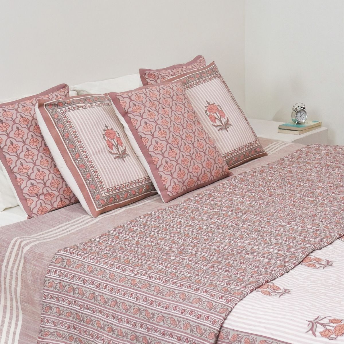 AC Comforter in 100% Cotton Mulmul Handprinted in Dusty Pink with Floral and Geometric design| Lightweight Soft and Breathable AC Blanket in Reversible design