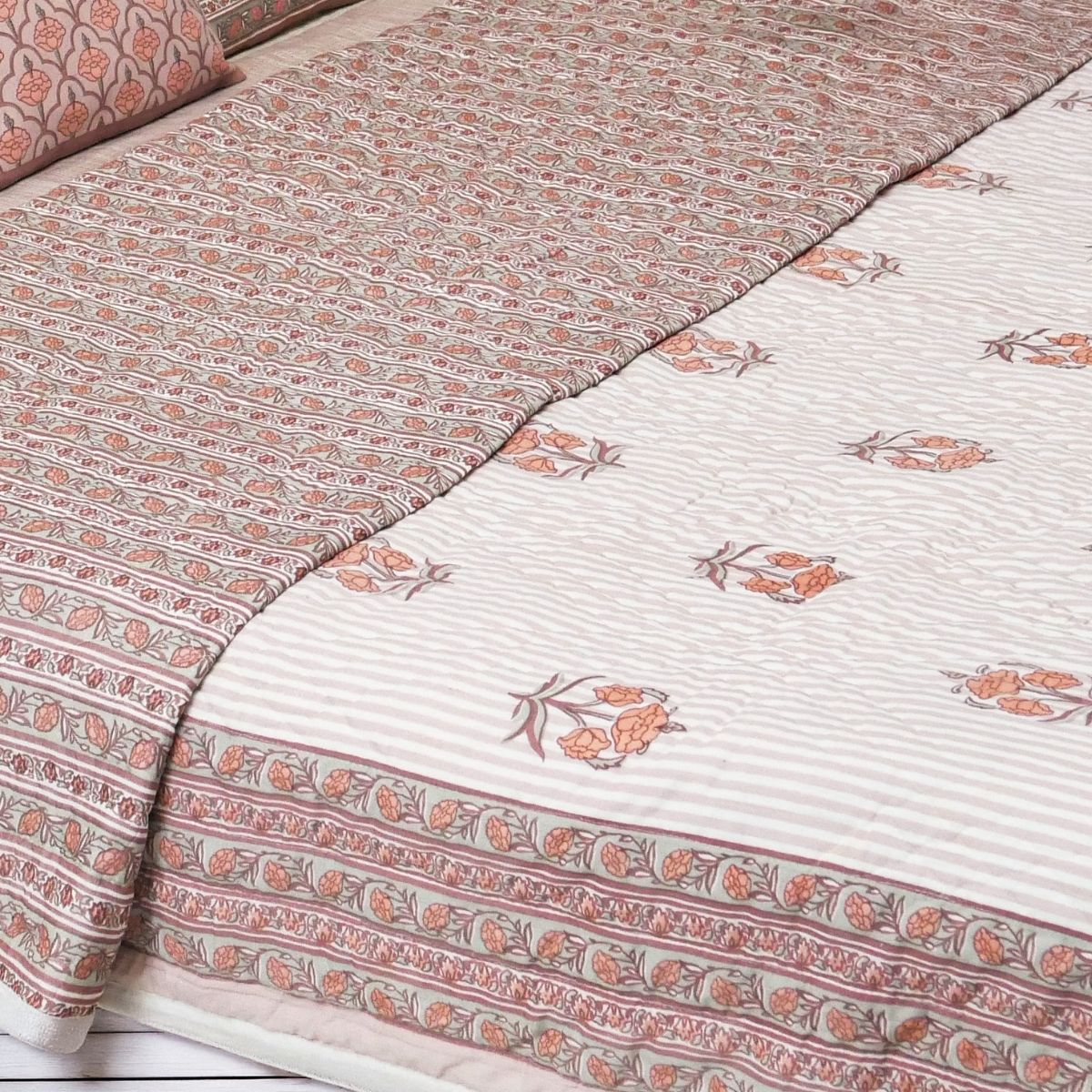 AC Comforter in 100% Cotton Mulmul Handprinted in Dusty Pink with Floral and Geometric design| Lightweight Soft and Breathable AC Blanket in Reversible design