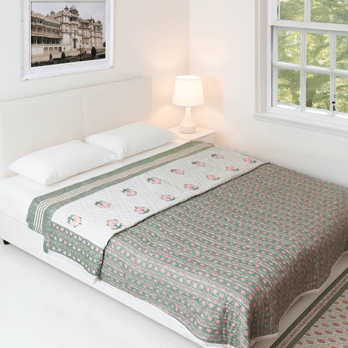 Pure Cotton Quilt in Green and Dusty Pink | Single and Double | Peepul Tree