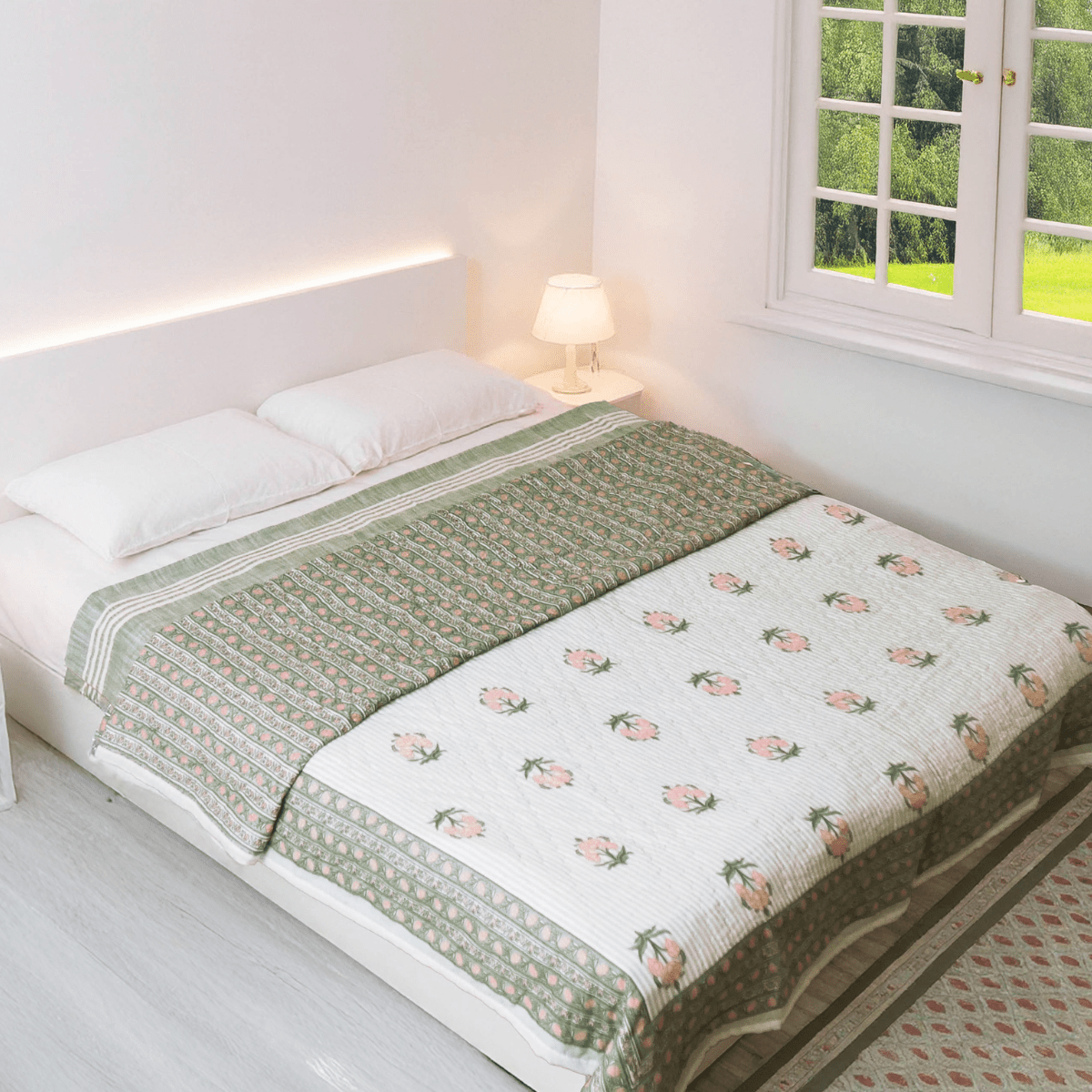 AC Comforter in 100% Cotton Mulmul Handprinted in Dusty Pink and Green| Lightweight Soft and Breathable AC Blanket in Reversible design