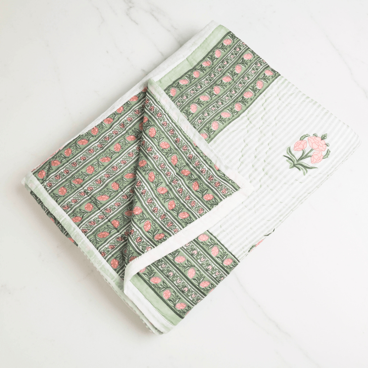Pure Cotton Quilt in Green and Dusty Pink | Single and Double | Peepul Tree