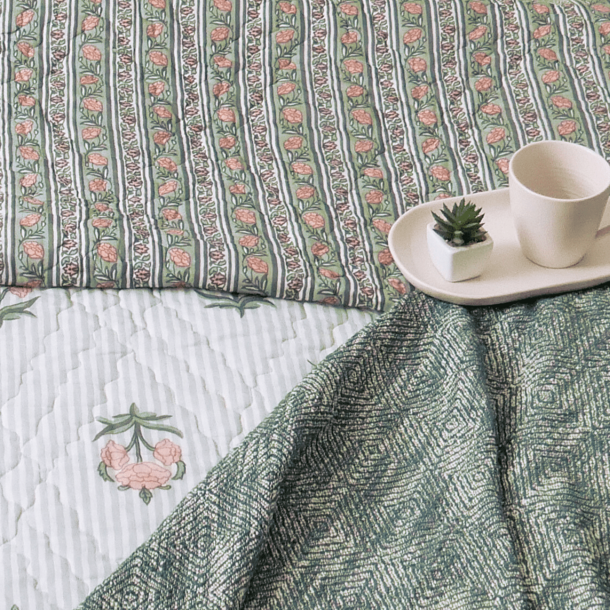 Pure Cotton Quilt in Green and Dusty Pink | Single and Double | Peepul Tree