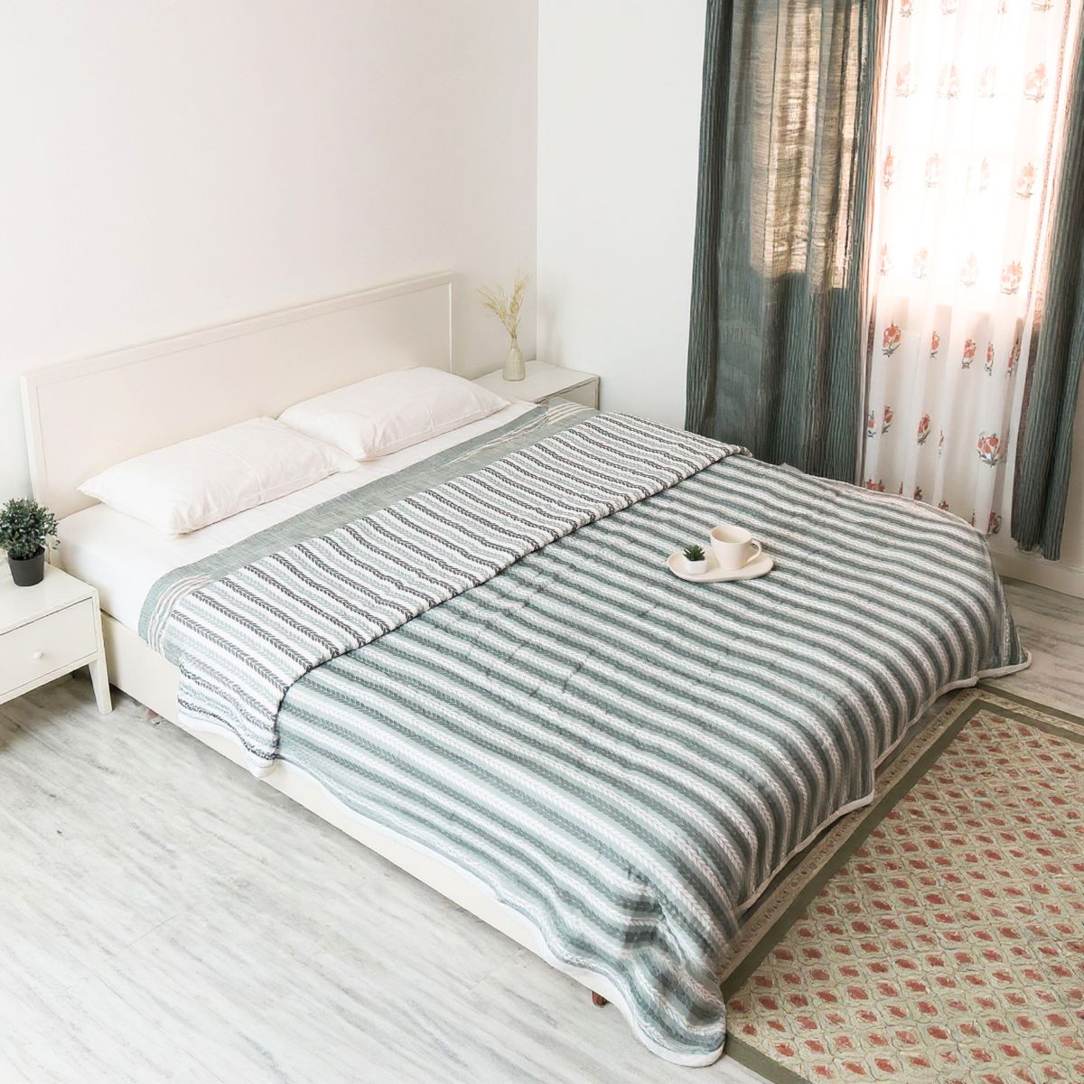AC Comforter in 100% Cotton Mulmul Handprinted in Green Leafy Stripes| Lightweight Soft and Breathable AC Blanket