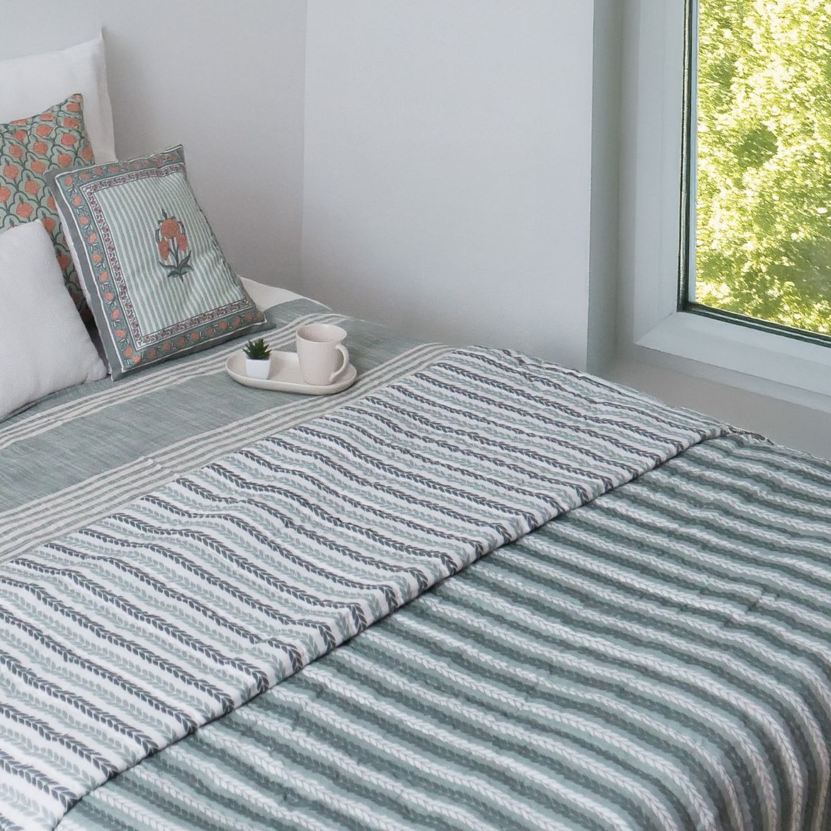 AC Comforter in 100% Cotton Mulmul Handprinted in Green Leafy Stripes| Lightweight Soft and Breathable AC Blanket