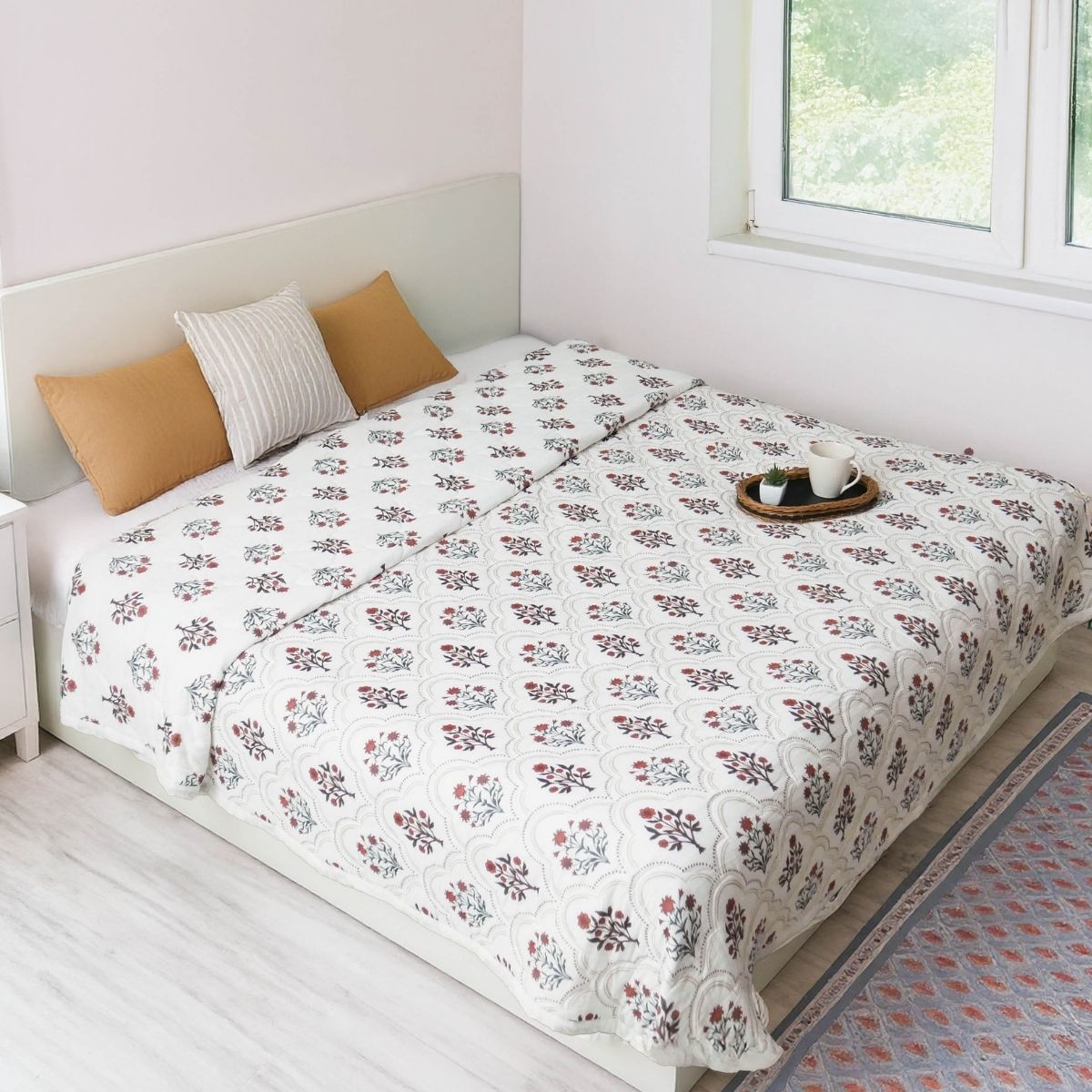 AC Comforter in 100% Cotton Mulmul Handprinted in Rust and Maroon Ornate Flowers| Lightweight Soft and Breathable AC Blanket in Reversible design