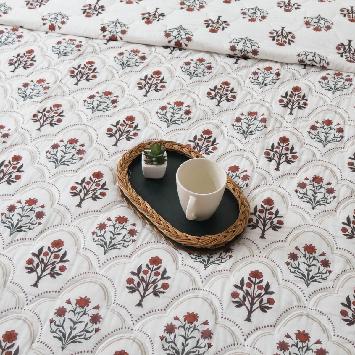 AC Comforter in 100% Cotton Mulmul Handprinted in Rust and Maroon Ornate Flowers| Lightweight Soft and Breathable AC Blanket in Reversible design