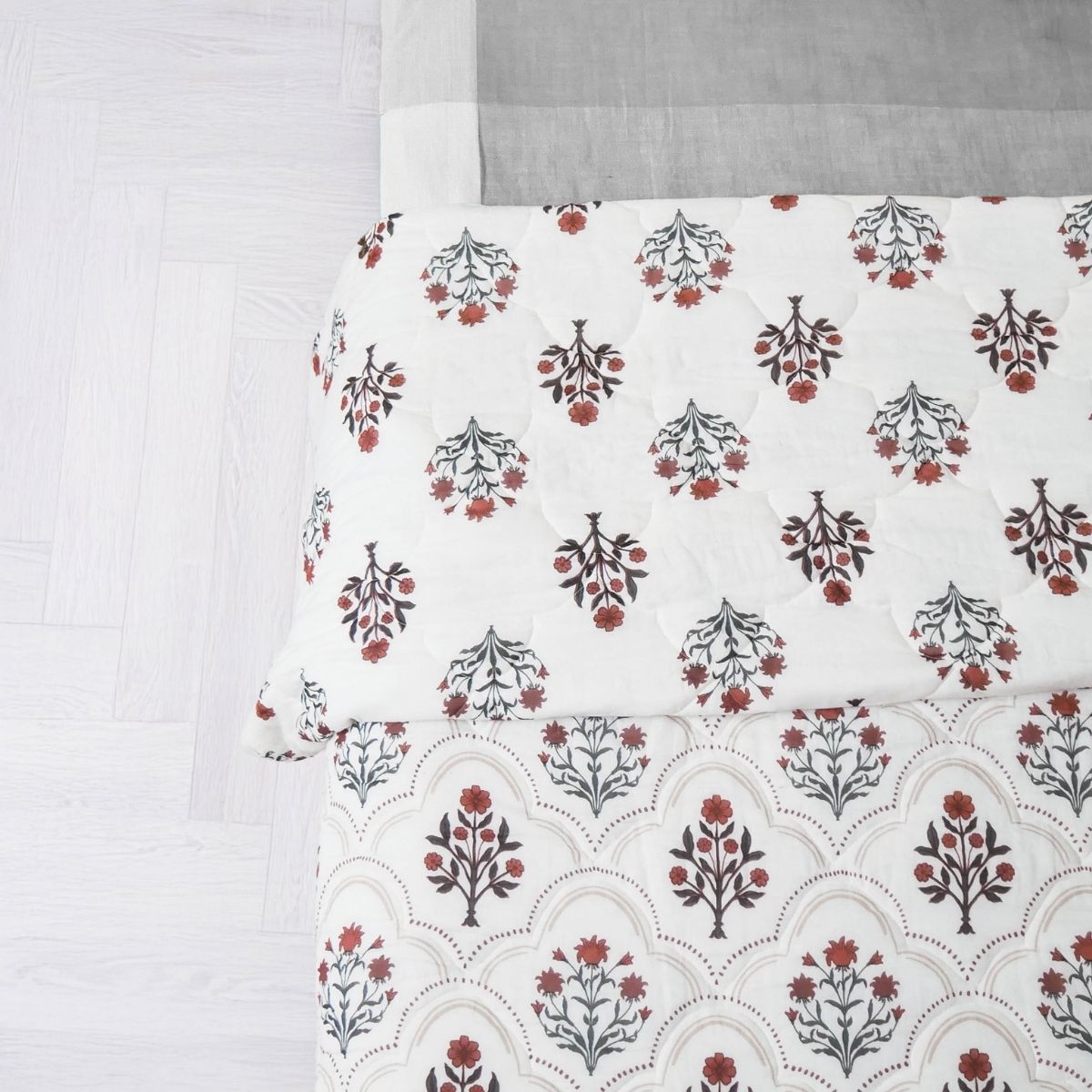 AC Comforter in 100% Cotton Mulmul Handprinted in Rust and Maroon Ornate Flowers| Lightweight Soft and Breathable AC Blanket in Reversible design