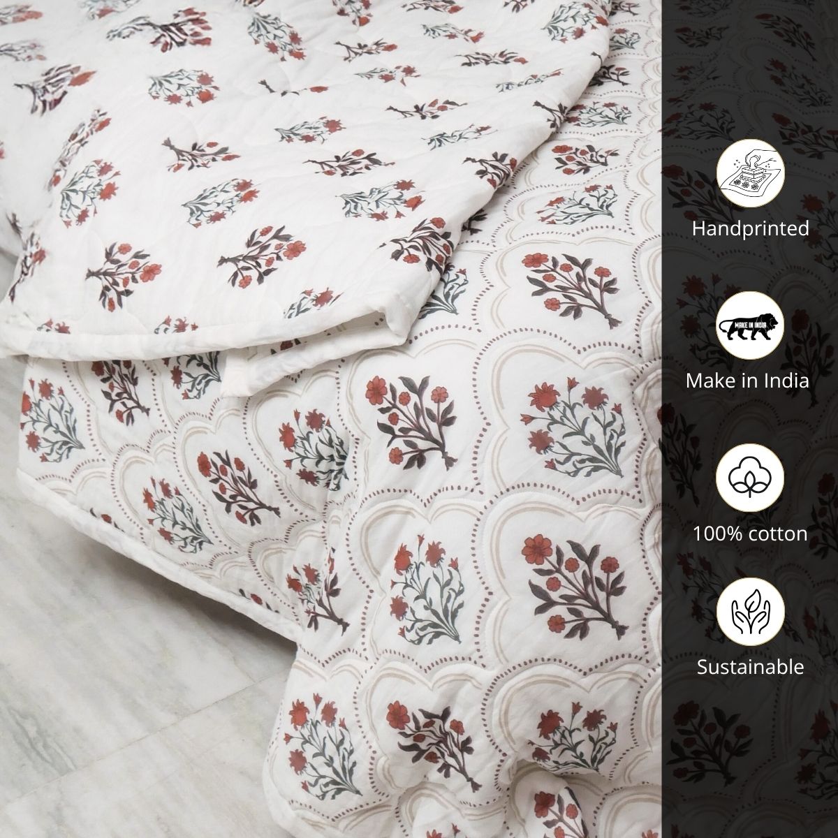 AC Comforter in 100% Cotton Mulmul Handprinted in Rust and Maroon Ornate Flowers| Lightweight Soft and Breathable AC Blanket in Reversible design