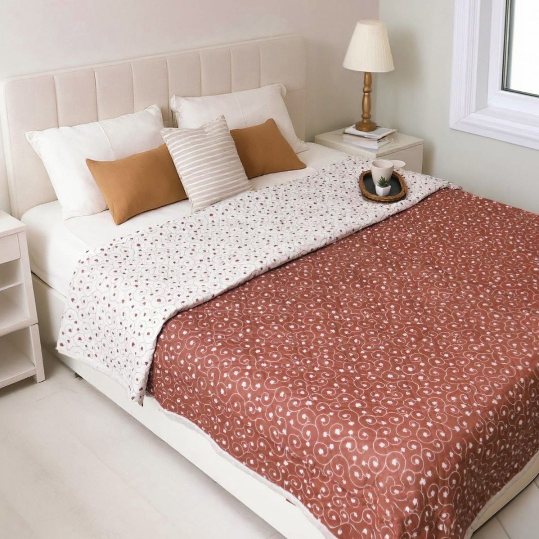 AC Comforter in 100% Cotton Mulmul Handprinted in Rust and Off White| Lightweight Soft and Breathable AC Blanket in Reversible design