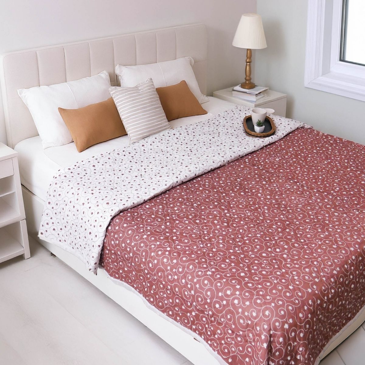 AC Comforter in 100% Cotton Mulmul Handprinted in Rust and Off White| Lightweight Soft and Breathable AC Blanket in Reversible design