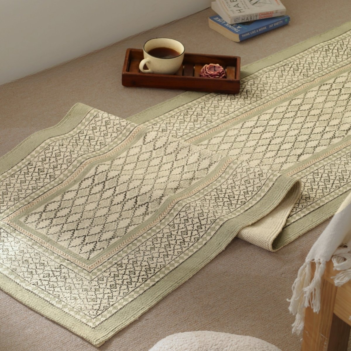 Hand block printed Cotton Floor Rug for Living Room and Bedroom  in Aqua Green | Soft Washable Rug