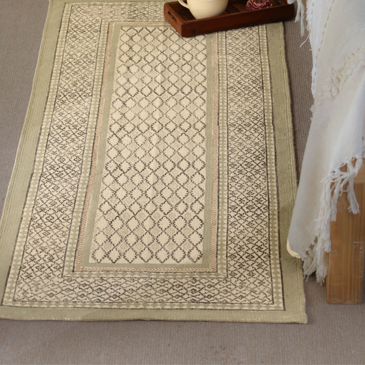 Hand block printed Cotton Floor Rug for Living Room and Bedroom  in Aqua Green | Soft Washable Rug