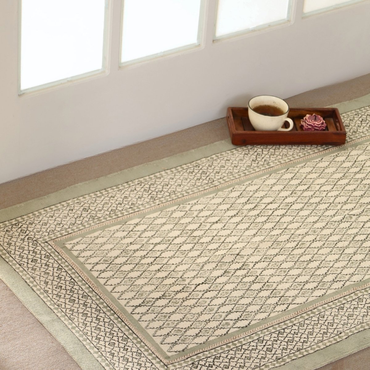 Hand block printed Cotton Floor Rug for Living Room and Bedroom  in Aqua Green | Soft Washable Rug