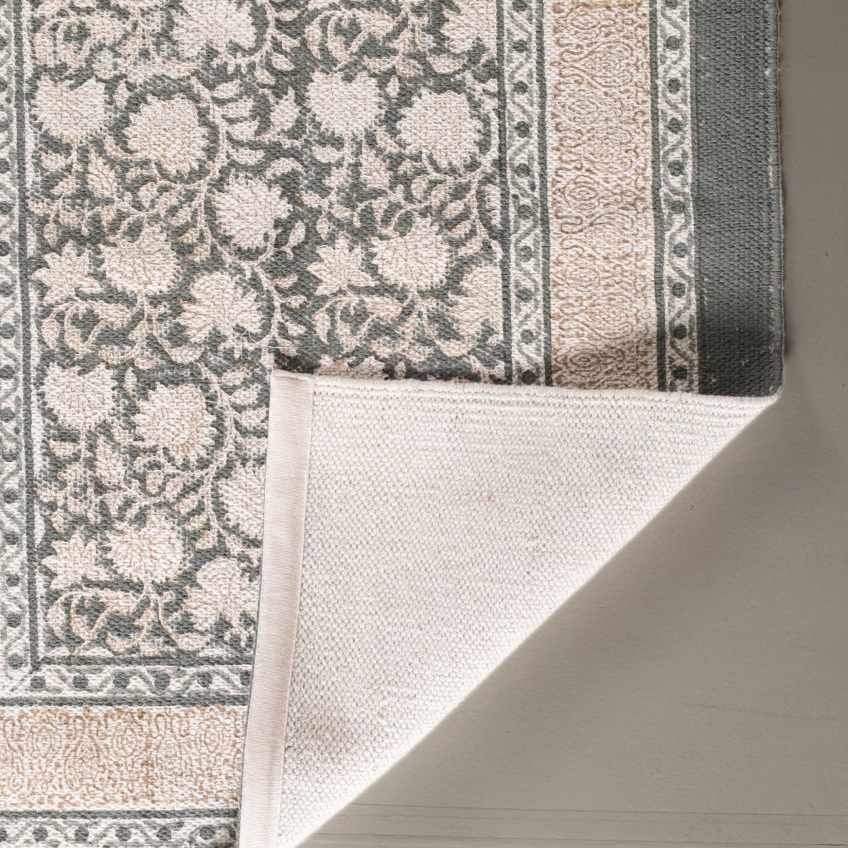 Hand block printed Cotton Floor Rug for Living Room and Bedroom  in Ivory and Charcoal Colour | Soft Washable Rug