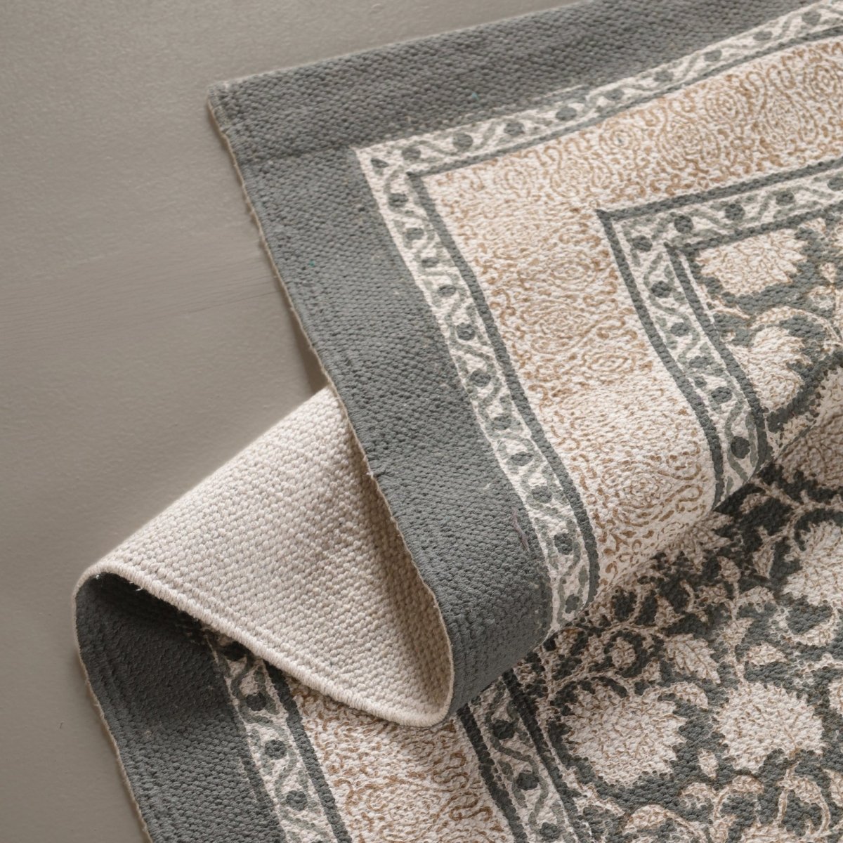 Hand block printed Cotton Floor Rug for Living Room and Bedroom  in Ivory and Charcoal Colour | Soft Washable Rug
